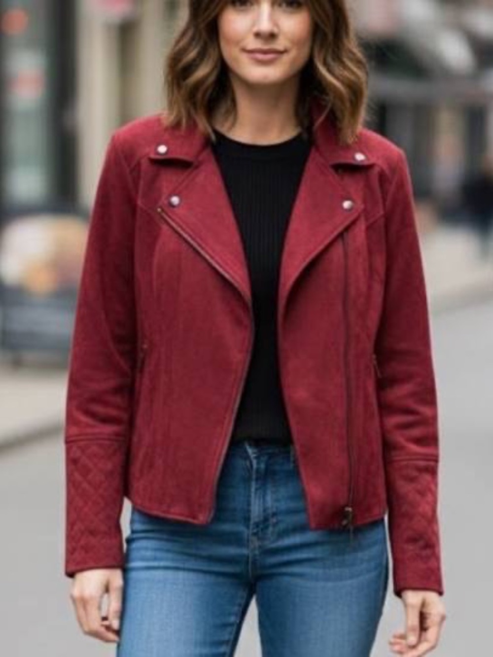 EUC KUT from the Kloth Faux Suede Moto Jacket Wine Burgundy Small